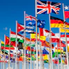 a group of flags on poles