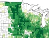 USDA map of soybean production in counties in the Midwest.