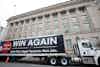 A semi tractor trailer celebrating tax cuts from the American Trucking Associations parked outside the U.S. Chamber.