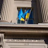 Ukrainian flag above the U.S. Chamber of Commerce