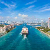 Container ship enters harbor in Miami, Florida.
