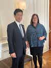 U.S. Chamber President and CEO Suzanne Clark with Nishimura Yasutoshi, Japan's Minister of Economy, Trade and Industry
