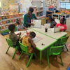 a group of children sitting at a table in a classroom